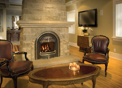 Windsor-Arch-with-Brushed-Nickel,-Coals,-Red-Brick-Liner